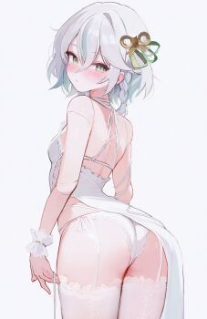 1girl ass ass_focus blush braid breasts cecilia_immergreen doll_joints garter_straps green_eyes green_hair grey_hair highres hololive hololive_english joints koahri lace lace-trimmed_legwear lace_trim looking_at_viewer looking_back multicolored_hair panties short_hair simple_background small_breasts solo streaked_hair thighhighs two-tone_hair underwear virtual_youtuber white_background white_garter_straps white_panties white_thighhighs winding_key
