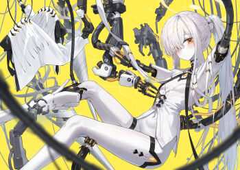 Rule 34 | 1girl, absurdres, android, blue archive, blush, breasts, colored skin, commentary request, dress, hair over one eye, halo, highres, kokukyukeo, long hair, looking at viewer, malkuth (blue archive), mechanical arms, navel, ponytail, small breasts, solo, symbol-shaped pupils, white dress, white skin, x-shaped pupils, yellow eyes, yellow halo