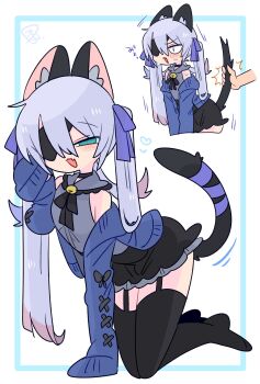 1boy :3 ^^^ all_fours animal_ear_fluff animal_ears bare_shoulders bell black_choker black_corset black_ribbon black_skirt black_tail black_thighhighs black_trim blue_bow blue_cardigan blue_eyes blue_hair blush bow bulge cardigan cat_boy cat_ears cat_tail choker collared_shirt colored_tips commentary corset cowboy_shot crossdressing crossdressing_(mtf) disembodied_hand double-parted_bangs eyepatch fang flipped_hair frilled_shirt_collar frills full_body garter_straps grey_shirt grey_trim hair_between_eyes hair_bow hand_up heart highres jingle_bell kneeling long_hair long_sleeves looking_at_viewer male_focus miniskirt motion_lines multicolored_hair multiple_views narrowed_eyes neck_bell neck_ribbon no_nose no_shoes off_shoulder one_eye_covered op_na_yarou open_cardigan open_clothes open_mouth original paw_pose quad_tails raised_eyebrows red_hair ribbon rigel_(op_na_yarou) shirt sidelocks simple_background skin_fang skirt sleeveless sleeveless_shirt sleeves_past_fingers sleeves_past_wrists straight_hair surprised sweat tail tail_grab thighhighs thighs trap v-shaped_eyebrows v_arms very_long_hair watermark white_background white_hair