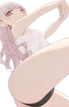 1girl :o black_panties blunt_bangs breasts camisole commentary highres hiroki_(yyqw7151) interlocked_fingers long_hair looking_at_viewer open_mouth original own_hands_together panties pink_eyes pink_hair simple_background small_breasts solo tagme underwear upshorts white_background white_camisole