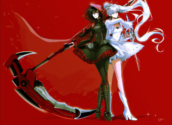 2girls bery0602 black_corset black_dress black_hair black_pantyhose blue_eyes boots breasts cape closed_mouth commentary corset crescent_rose crossed_legs dress earrings floating_hair frills full_body grey_eyes high_heel_boots high_heels highres holding holding_scythe holding_sword holding_weapon hood hood_up hooded_cape jewelry long_hair medium_breasts multiple_girls myrtenaster pantyhose ponytail red_background red_cape red_hood ruby_rose rwby scythe simple_background small_breasts standing sword symbol-only_commentary very_long_hair watson_cross weapon weiss_schnee white_dress white_hair
