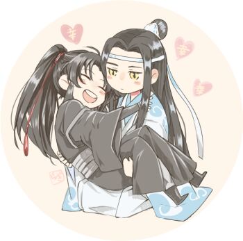 2boys ahoge black_boots black_hair black_hanfu blush blush_stickers boots carrying chibi chibi_only chinese_clothes closed_eyes closed_mouth commentary_request couple full_body grey_pants grey_sash hair_ornament hair_ribbon hanfu headband heart lan_wangji long_hair long_sleeves looking_at_another male_focus modao_zushi multiple_boys open_mouth pants ponytail princess_carry red_ribbon ribbon robe sidelocks simple_background sitting smile sunmoon9994 tassel tassel_hair_ornament topknot wei_wuxian white_hanfu white_headband wide_sleeves xiao_guan_(headdress) yaoi yellow_eyes