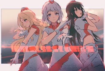 3girls black_hair blonde_hair blue_eyes blurry blurry_background blush border closed_mouth collared_dress commentary_request dress gakuen_idolmaster glitch gloves green_eyes grey_hair idolmaster index_finger_raised juo_sena katsuragi_lilja long_hair midriff multiple_girls open_mouth outside_border profile puffy_short_sleeves puffy_sleeves purple_eyes shirt short_dress short_hair short_sleeves shorts smile tsukimura_temari v-shaped_eyebrows voy@ger_(idolmaster) white_border white_dress white_gloves white_shirt white_shorts yukitake_(xuserpost)