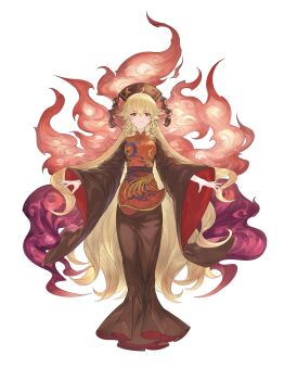 1girl black_dress black_hat blonde_hair breasts chinese_commentary commentary_request crescent_print dalachi_(headdress) devilkillerx dress energy full_body hat highres junko_(touhou) long_hair long_sleeves looking_at_viewer medium_breasts mixed-language_commentary multiple_tails neck_ribbon phoenix_print red_eyes red_tabard ribbon simple_background solo tabard tail touhou very_long_hair white_background wide_sleeves yellow_ribbon