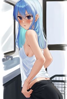 Rule 34 | 1girl, absurdres, bare arms, bathroom, black pants, blue eyes, blue hair, breasts, commentary request, double-parted bangs, hair between eyes, highres, hololive, hoshimachi suisei, indoors, long hair, looking at viewer, mino (miiiinon611), open mouth, pants, sideboob, small breasts, solo, star (symbol), star in eye, symbol in eye, tank top, virtual youtuber, white tank top