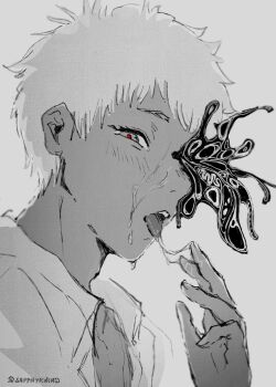 1boy adam's_apple blush body_horror collared_shirt grey_background greyscale hashtag-only_commentary highres hikaru_ga_shinda_natsu indou_hikaru looking_at_viewer male_focus monochrome open_clothes open_shirt red_pupils saliva saliva_trail sapphyrwind shirt short_eyebrows short_hair simple_background solo sweat twitter_username white_hair