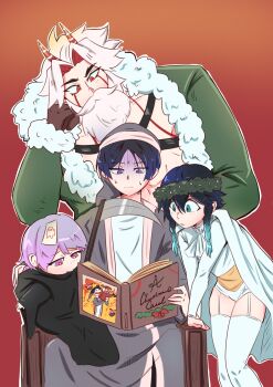 1girl 3boys alternate_costume among_us aqua_eyes aqua_hair arataki_itto ascot behind_another bent_over black_robe black_sleeves blunt_ends book braid brown_gloves chair chest_harness chest_tattoo christmas_wreath clenched_hand closed_mouth coat collarbone colored_inner_hair commentary contemporary crewmate_(among_us) dodoco_(genshin_impact) english_commentary facial_mark fake_beard fake_facial_hair forked_eyebrows fur-trimmed_sleeves fur_coat fur_trim garter_belt genshin_impact gloves gradient_hair green_coat green_sleeves grey_hat grey_robe hair_between_eyes hand_on_own_face harness hat head_tilt head_wreath highleg highleg_leotard highres holding holding_book hood hood_down hooded_robe klee_(genshin_impact) leotard light_blush long_hair long_sleeves looking_at_object multicolored_hair multiple_boys muscular muscular_male nervous_sweating nightcap ofuda ofuda_on_head onac911 open_book parted_bangs pectorals pink_eyes pink_hair pink_pupils purple_eyes purple_hair qiqi_(genshin_impact) reading red_background red_eyes red_hair robe scaramouche_(genshin_impact) scythe shirt short_hair sitting sweat tattoo thighhighs tsurime turn_pale twin_braids undershirt venti_(genshin_impact) white_ascot white_hair white_leotard white_shirt white_sleeves white_thighhighs wispy_bangs wreath