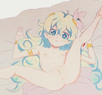 +_+ 1girl anus armlet barefoot bed_sheet blue_eyes blue_hair bracelet butterchalk completely_nude cross-shaped_pupils expressionless feet_out_of_frame female_focus flat_chest hair_ornament highres jewelry leg_up loli long_hair looking_at_viewer lying muted_color nia_teppelin nipples nude on_back parted_lips presenting pussy solo spread_legs symbol-shaped_pupils tengen_toppa_gurren_lagann uncensored very_long_hair