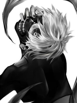 Rule 34 | 1boy, black bodysuit, bodysuit, colored sclera, commentary request, covered mouth, eyepatch, from behind, greyscale, hand on own face, head back, highres, kagune (tokyo ghoul), kaneki ken, looking at viewer, looking back, male focus, mask, monochrome, shishi (eai make), short hair, solo, teeth print, tokyo ghoul, upper body
