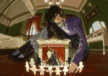 1girl ascot beatrice_(umineko) bed black_skirt blurry brown_hair chest_of_drawers curtains from_below full_body gem gradient_hair green_eyes green_gemstone hair_intakes high_heels highres looking_at_object makeup multicolored_hair natalie50780 paper_doll parted_lips perspective puffy_sleeves pumps purple_shirt runny_makeup shirt side_ponytail sitting skirt solo umineko_no_naku_koro_ni ushiromiya_natsuhi wavy_hair white_ascot window