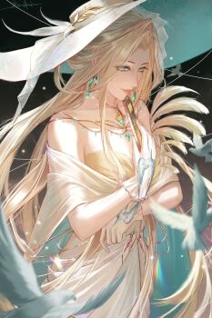 1girl absurdres bare_shoulders bird black_background blonde_hair blurry blurry_background collarbone crossed_arms dove dress earrings floating_hair folding_fan forehead from_side glitter_makeup gloves gold_dress green_eyes hand_fan hat hat_ornament heibai_bangbing highres holding holding_fan jewelry large_hat leaf_hat_ornament long_hair looking_at_viewer margaret_(path_to_nowhere) necklace parted_bangs path_to_nowhere plant_print print_hat sideways_glance smile solo strapless strapless_dress upper_body very_long_hair white_bird white_gloves