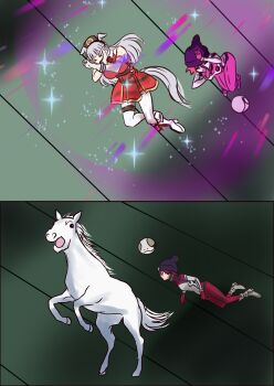 >_< 2girls absurdres amate_yuzuriha animal_ears animalization beanie beatsheavens0735 bodysuit closed_eyes commentary_request creature_and_personification dress floating gold_ship_(racehorse) gold_ship_(red_strife)_(umamusume) gold_ship_(umamusume) green_background grey_hair gundam gundam_gquuuuuux haro hat highres horse horse_ears horse_girl horse_tail long_hair multicolored_bodysuit multiple_girls parody partial_commentary person_and_animalization personification pillbox_hat real_life red_bodysuit red_dress red_hair scene_reference short_dress short_hair sleeveless sleeveless_dress sparkle star_(symbol) surprised tail transformation umamusume white_bodysuit white_horse x_arms zeknova