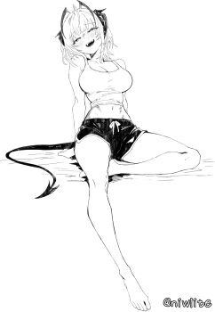 1girl :d antenna_hair arknights bare_arms bare_shoulders blush breasts camisole cleavage commentary_request dolphin_shorts full_body greyscale hatching_(texture) highres linear_hatching medium_breasts monochrome navel niwlite open_mouth partial_commentary short_hair shorts sitting sleeveless smile solo tail teeth w_(arknights)
