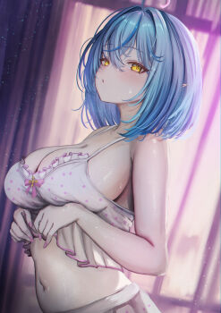 1girl absurdres ahoge blue_hair blurry blurry_background bob_cut breasts camisole camisole_lift cleavage clothes_lift commentary crossed_bangs double-parted_bangs frilled_camisole frilled_skirt frills hair_between_eyes heart heart_ahoge highres hololive indoors large_breasts looking_at_viewer mito_soosu multicolored_hair navel official_alternate_costume official_alternate_hair_length official_alternate_hairstyle open_mouth pointy_ears polka_dot polka_dot_camisole polka_dot_skirt short_hair sideboob skirt solo stomach streaked_hair sweat virtual_youtuber white_camisole white_skirt yellow_eyes yukihana_lamy yukihana_lamy_(roomwear)