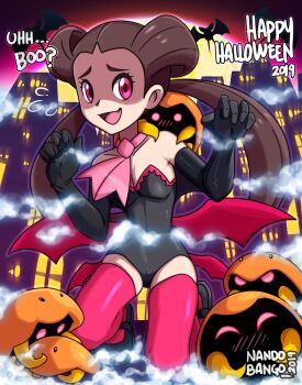 alternate_costume bat_wings black_gloves black_leotard blush breasts brown_hair fake_wings fang flying_sweatdrops gen_1_pokemon ghost_pose gloves halloween highres kabuto_(pokemon) leotard looking_at_viewer nandoroid nintendo pink_eyes pink_thighhighs pokemon pokemon_(creature) pokemon_oras roxanne_(pokemon) skindentation small_breasts thighhighs wings zubat