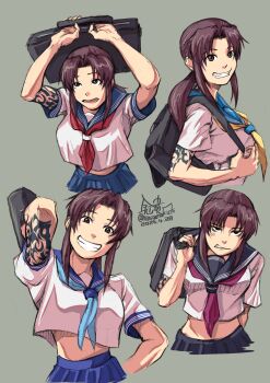 Rule 34 | 1girl, angry, arm tattoo, artist name, black lagoon, blue neckerchief, blue skirt, brown eyes, dated, multiple expressions, grey background, highres, long hair, looking at viewer, mimiyama kiichi, multiple views, neckerchief, purple hair, red neckerchief, revy (black lagoon), school uniform, shirt, sketch, skirt, smile, tattoo, white shirt