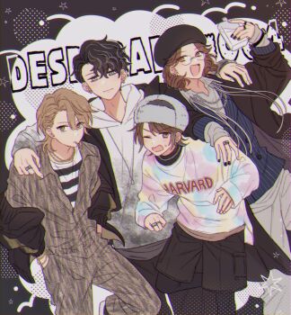 Rule 34 | 4boys, :d, adam's apple, akune rindo, arima seigen, arm around shoulder, arm on another's shoulder, asymmetrical bangs, bags under eyes, ben-day dots, black background, black coat, black hair, black hat, black jacket, black leggings, black nails, black pants, black shirt, black shoes, black shorts, blue jacket, blue streaks, bottle, bracelet, brown eyes, brown hair, brown jumpsuit, chain, chain necklace, chromatic aberration, coat, collared shirt, college shirt, commentary, curly hair, curtained hair, desperado-004, dot nose, earrings, expressionless, feet out of frame, fingernails, fur hat, glasses, gold bracelet, gold chain, gold necklace, grey hat, grey shirt, group name, hair between eyes, hand up, hands in pockets, hat, highres, holding, holding bottle, hood, hood down, hoodie, hunched over, hypnosis mic, hypnosis mic: rule the stage, jacket, jewelry, jikuin jyobu, jumpsuit, lapels, layered shirt, leggings, leggings under shorts, light blush, light smile, long sleeves, looking at viewer, male focus, medium hair, mouth hold, mullet, multicolored hair, multicolored sweater, multiple boys, multiple bracelets, multiple necklaces, multiple piercings, multiple rings, necklace, off shoulder, one eye closed, open clothes, open coat, open jacket, open mouth, pacha st, pants, parted bangs, partially unzipped, peanut mouth, pinstripe jacket, pinstripe pattern, print jumpsuit, ring, round eyewear, screentones, shirt, shoes, short hair, shorts, silver earrings, silver necklace, silver ring, six pointed star, sleeveless, sleeveless jacket, sleeves past wrists, slouching, small sweatdrop, smile, standing, standing on one leg, star (symbol), streaked hair, striped clothes, striped shirt, stud earrings, suit jacket, sweater, sweatpants, two-sided fabric, two-sided jacket, ushanka, v-shaped eyebrows, watch, wavy hair, white background, white eyes, white hoodie, white nails, white pants, white shirt, wristwatch, wristwatch over clothes, yagasaki ibuki, yellow eyes