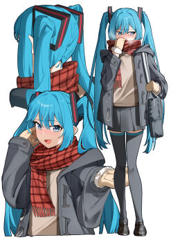 1girl absurdres alternate_costume bag black_bag black_jacket black_shoes black_thighhighs blue_hair commentary covering_own_mouth from_behind hashtag-only_commentary hatsune_miku highres jacket long_hair looking_at_viewer mittens multiple_views nun178089 open_mouth plaid_clothes plaid_scarf red_scarf scarf shoes shoulder_bag simple_background standing steam sweater thighhighs twintails vocaloid white_background winter_clothes