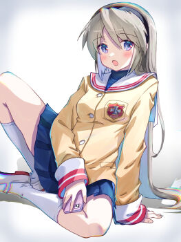 Rule 34 | 1girl, :o, akayama yukihe, arm at side, arm support, black hairband, blazer, blue eyes, blue skirt, blush, cellphone, clannad, commentary request, eyes visible through hair, foot out of frame, grey hair, hair between eyes, hair over shoulder, hairband, highres, hikarizaka private high school uniform, holding, holding phone, jacket, kneehighs, knees apart feet together, leaning back, long hair, long sleeves, looking at viewer, miniskirt, open mouth, phone, pleated skirt, sailor collar, sakagami tomoyo, school uniform, serafuku, shoes, simple background, sitting, skirt, sleeves past wrists, smartphone, socks, solo, spread legs, straight hair, very long hair, white background, white sailor collar, white shoes, white socks, yellow jacket