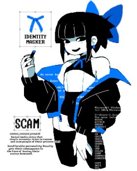 1other androgynous black_eyes black_hair black_jacket blue_bow blue_jacket blue_ribbon blunt_bangs bodysuit bow character_name code colored_skin covered_navel cropped_legs dizzyspells earrings hair_bow hand_up hollow_mask jacket jewelry long_sleeves neck_ribbon no_pupils off_shoulder open_mouth original ribbon scam_(dizzyspells) short_hair sleeveless sleeveless_bodysuit smile two-sided_fabric two-sided_jacket white_skin