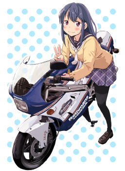 1girl absurdres blue_hair blush highres honda honda_ns400r loafers long_hair looking_at_viewer maruyo motor_vehicle motorcycle motosu_school_uniform necktie on_motorcycle pantyhose plaid_clothes plaid_skirt polka_dot polka_dot_background purple_eyes school_uniform shima_rin shoes short_necktie skirt solo sweater v white_necktie yellow_sweater yurucamp