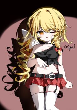 1girl :p alternate_costume alternate_hairstyle belt black_belt black_choker bow braid breasts chinese_commentary choker cleavage commentary_request drill_hair garter_straps hair_bow highres kirisame_marisa looking_at_viewer medium_breasts midriff miniskirt navel no_headwear nya_(pixiv_100585577) one_eye_closed open_mouth orange_eyes red_bow red_nails red_skirt shadow side_braid signature single_braid skirt smile solo spotlight thighhighs tongue tongue_out touhou v white_bow white_thighhighs