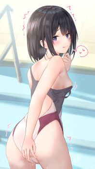 1girl areola_slip ass back bare_shoulders black_hair black_hair-chan_(ramchi) blush breasts commentary_request competition_swimsuit cowboy_shot from_behind frontal_wedgie hand_on_own_crotch heart heart_in_eye highres licking_lips looking_at_viewer medium_hair motion_lines one-piece_swimsuit original purple_eyes pussy_juice racerback raised_inner_eyebrows ramchi saliva small_breasts speech_bubble spoken_heart steam straight_hair strap_slip sweat swept_bangs swimsuit symbol_in_eye tongue tongue_out trembling wedgie