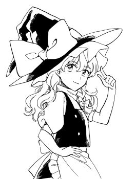 Rule 34 | 1girl, apron, back bow, bow, braid, commentary request, cowboy shot, frilled apron, frills, from side, greyscale, hair bow, hand on own hip, hand up, hat, hat bow, highres, index finger raised, kirisame marisa, long hair, looking to the side, monochrome, natsume (menthol), puffy short sleeves, puffy sleeves, shirt, short sleeves, single braid, skirt, solo, touhou, vest, white background, witch hat