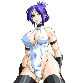 Rule 34 | blair dame, blue hair, boots, breasts, choker, fighting ex layer, gloves, green eyes, hair tied back, large breasts, leotard, street fighter, street fighter ex (series), thick thighs, thigh boots, thighs