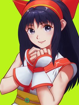Rule 34 | 1girl, ainu clothes, breasts, fingerless gloves, gloves, hair ribbon, highres, long hair, looking at viewer, medium breasts, nakoruru, own hands together, pink lips, purple eyes, purple hair, ribbon, samurai spirits, smile, snk, solo, the king of fighters, the king of fighters xv