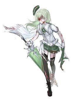 Rule 34 | 1girl, bang dream!, bang dream! it's mygo!!!!!, beret, black boots, black thighhighs, blood, blood on clothes, blood on face, boots, cape, chinese commentary, closed mouth, commentary request, full body, gloves, green hair, green hat, green skirt, hat, highres, holding, holding sword, holding weapon, long hair, looking at viewer, shirt, short sleeves, shoushud, simple background, skirt, solo, sword, thighhighs, torn clothes, torn thighhighs, wakaba mutsumi, weapon, white background, white cape, white gloves, white shirt, yellow eyes