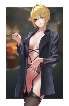 1girl absurdres alternate_costume black_jacket black_ribbon blonde_hair blunt_bangs blurry blurry_background border breasts breasts_apart brown_thighhighs closed_mouth collarbone commentary convenient_censoring cowboy_shot depth_of_field english_commentary evelyn_chevalier fingernails garter_belt groin hair_intakes hair_ribbon hands_up highres indoors jacket light_blush light_smile long_sleeves looking_at_viewer medium_breasts mole mole_under_eye naked_jacket no_bra no_panties open_clothes open_jacket outside_border purple_eyes ribbon ring_hair_ornament shiraizeki short_hair solo thighhighs veins veiny_breasts white_border zenless_zone_zero