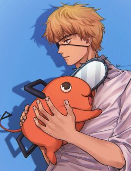 1boy blonde_hair blue_background bom-r brown_eyes chainsaw_man denji_(chainsaw_man) drop_shadow eyepatch highres holding large_hands male_focus messy_hair parted_lips pochita_(chainsaw_man) shirt short_hair signature upper_body white_shirt