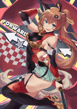 1girl animal_ears breasts brown_hair checkered_flag chinese_zodiac covered_navel detached_sleeves english_text flag green_eyes highres holding holding_flag horse_girl inline_skates jojobirdz legs long_hair looking_at_viewer medium_breasts open_mouth original ponytail red_streaks roller_skates skates smile solo tail thighs year_of_the_horse