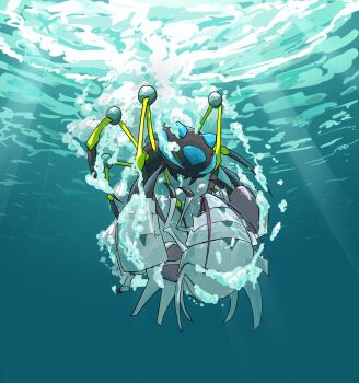 air_bubble animal_focus aqua_eyes araquanid bubble claws commentary_request fighting futena_goze gen_7_pokemon golisopod highres light_rays nintendo no_humans pokemon pokemon_(creature) spikes underwater