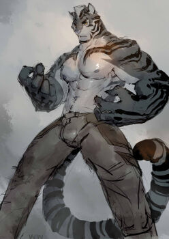 1boy abs animal_ears bara bulge claws commentary english_commentary feet_out_of_frame fighting_stance furry furry_male highres large_hands large_pectorals legs_apart looking_at_viewer male_focus muscular muscular_male navel navel_hair nipples original pants pectorals short_hair sketch solo standing stomach tail thick_eyebrows thick_thighs thighs tiger_boy tiger_ears tiger_tail topless_male wincalblanke