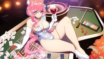 1girl absurdres akagi_(sk0127aho) animal_ear_fluff animal_ears blue_butterfly blue_eyes breasts bug butterfly butterfly_hair_ornament card cat_ears cat_girl closed_mouth commentary covered_navel crossed_legs cup drinking_glass elbow_gloves english_commentary flower gloves gold_necklace hair_flower hair_ornament high_heels highres holding holding_cup indie_virtual_youtuber insect jewelry leahkitties_(vtuber) leotard long_hair necklace on_table pink_flower pink_hair pink_tail playing_card poker_chip roulette_table shoes sitting smile solo strapless strapless_leotard table thighs virtual_youtuber white_flower white_gloves white_leotard white_shoes wine_glass