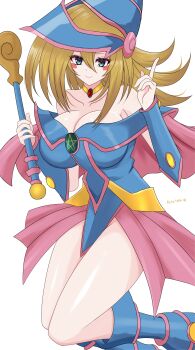 1girl absurdres blonde_hair blue_dress blue_hat blush_stickers breasts cleavage closed_mouth commentary_request dark_magician_girl dress duel_monster green_eyes hat highres holding holding_wand kasutera_mikan large_breasts long_hair looking_at_viewer pink_skirt skirt smile solo wand white_background wizard_hat yu-gi-oh!