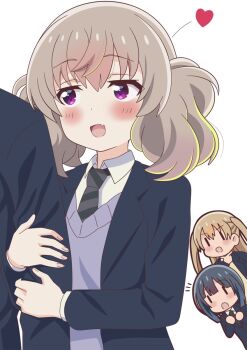 1girl :d :o black_hair black_jacket blush brown_hair chibi fang heart highres holding_another&#039;s_arm jacket medium_hair minagi_hiyori minagi_koharu open_mouth purple_eyes riokasen school_uniform simple_background skin_fang slow_loop smile sweater_vest two_side_up white_background yoshinaga_koi