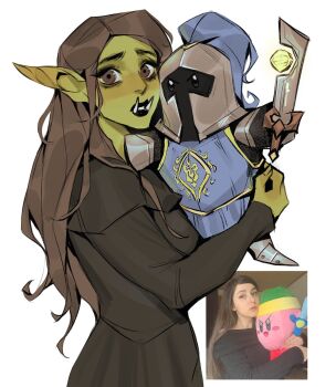 artist_self-insert black_dress black_eyeliner black_lips breasts brown_eyes brown_hair clenched_teeth colored_skin commentary dress english_commentary eyeliner female_orc green_skin highres holding holding_stuffed_toy kirby knight looking_at_viewer makeup orc original pointy_ears small_breasts stuffed_animal stuffed_toy teeth tusks warcraft world_of_warcraft ykshelter