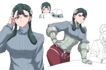 1boy 1girl armored_corset ashei breasts commentary_request corset cropped_legs female_focus gauntlets highres long_hair looking_at_viewer low_twintails medium_breasts nasu_(ilo_a5) nintendo pants red_pants shad_(zelda) short_hair simple_background solo_focus sweater the_legend_of_zelda the_legend_of_zelda:_twilight_princess twintails upper_body