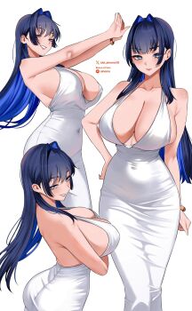 Rule 34 | 1girl, alternate costume, ass, backless dress, backless outfit, blue eyes, blue hair, bracelet, breasts, colored inner hair, commentary, covered navel, dress, english commentary, hair intakes, halterneck, hand on own hip, highres, hololive, hololive english, jewelry, large breasts, long hair, looking at viewer, multicolored hair, multiple views, oioi ainomo, ouro kronii, outstretched arms, paid reward available, sideless dress, sidelocks, simple background, sleeveless, sleeveless dress, variations, virtual youtuber, white background, white dress