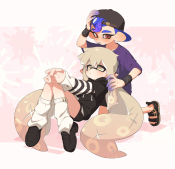Rule 34 | 1boy, 1girl, absurdres, backwards hat, baseball cap, black hat, black hoodie, black sandals, black shoes, black shorts, blonde hair, colored extremities, full body, hand on another's shoulder, hand on own head, hat, highres, hood, hood down, hoodie, inkling, inkling girl, inkling player character, layered sleeves, loafers, long hair, long sleeves, nintendo, octoling, octoling boy, octoling player character, pointy ears, purple hair, purple shirt, red eyes, sandals, shirt, shoes, short hair, short over long sleeves, short sleeves, shorts, socks, splatoon (series), surume01417, tentacle hair, thick eyebrows, very long hair, white socks, wristband, yellow eyes