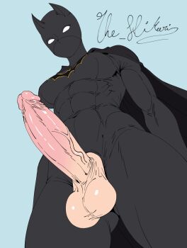 1futa abs animal_ears artist_name bat_ears batgirl batman_(series) black_bodysuit blue_background bodysuit breasts cassandra_cain dc_comics from_below futanari highres large_penis looking_at_viewer looking_down medium_breasts muscular muscular_female penis signature skin_tight solo testicles the_hikari veins veiny_penis