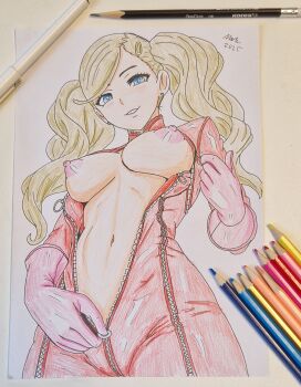 1girl blonde_hair blue_eyes bodysuit bodysuit_pull breasts colored_pencil earrings gloves hair_ornament hairclip highres jewelry kaschmatz large_breasts long_hair looking_at_viewer marker navel nipples paper parted_lips pencil persona persona_5 photo_(medium) pink_gloves red_bodysuit solo stomach stud_earrings takamaki_anne traditional_media twintails unzipping zipper zipper_pull_tab