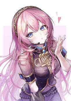 1girl absurdres armlet belt blowing_kiss blue_eyes blue_gem blue_nails blush brooch character_name gem gold_trim headset heart highres jewelry long_hair looking_at_viewer megurine_luka pink_hair pipi_(pipinavigation) see-through_clothes see-through_sleeves short_sleeves solo vocaloid white_background