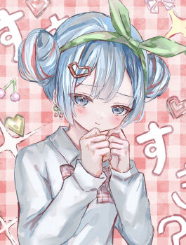 1girl blue_eyes blue_hair blush bow bow_hairband bowtie center-flap_bangs cherry_earrings cherry_pop_(vocaloid) closed_mouth collared_shirt double-parted_bangs double_bun dress_shirt earrings facing_viewer food-themed_earrings food_themed_earrings furrowed_brow gingham gingham_background green_bow green_hairband hair_bun hair_ornament hairband hands_up hatsune_miku heart heart_hair_ornament highres jewelry long_sleeves looking_ahead multicolored_hair own_hands_together pink_background pink_bow pink_bowtie plaid_background plaid_bow plaid_bowtie plaid_clothes pout red_streaks school_uniform shirt solo sparkle_background streaked_hair teruteruteru190 text_background translation_request two-tone_hair upper_body vocaloid white_shirt winter_uniform