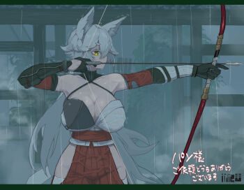 1girl animal_ears arrow_(projectile) bare_shoulders bouhuman bow_(weapon) breasts cleavage commentary_request commission detached_sleeves drawing_bow gloves groin holding holding_bow_(weapon) holding_weapon large_breasts letterboxed long_hair no_panties original pelvic_curtain red_skirt skeb_commission skirt solo thighhighs weapon white_hair white_thighhighs yellow_eyes