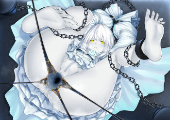 1girl anus anal_fluid azur_lane barefoot bdsm bondage bound censored chain chained collar dilation_belt dress eva_(hq8nn1ef) feet feet_up from_above gaping gaping_anus legs_up looking_at_viewer lying no_panties on_back pussy pussy_juice siren_(azur_lane) slave soles tagme toes