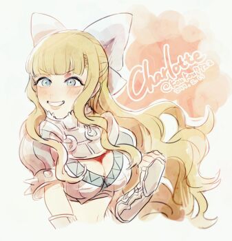 1girl armor blonde_hair blue_eyes bow breasts character_name charlotte_(fire_emblem) cleavage fire_emblem fire_emblem_fates grin hair_bow highres long_hair looking_at_viewer medium_breasts nerinriume nintendo shoulder_armor smile wavy_hair white_bow